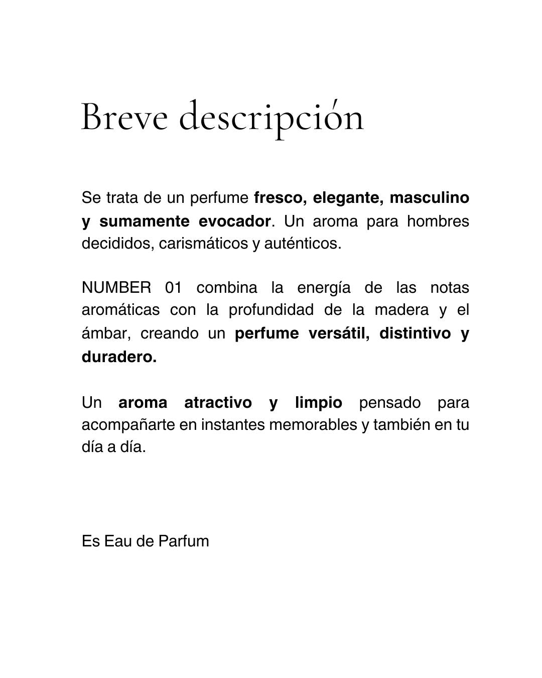 Perfume para hombre Veloreē: NUMBER 01